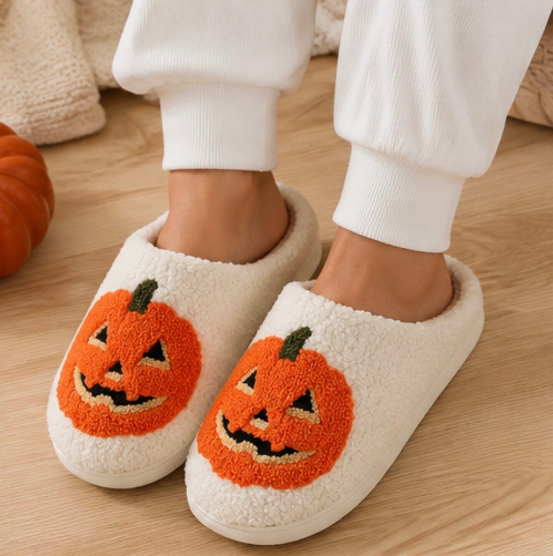 Jack-O'-Lantern Slippers – Cream